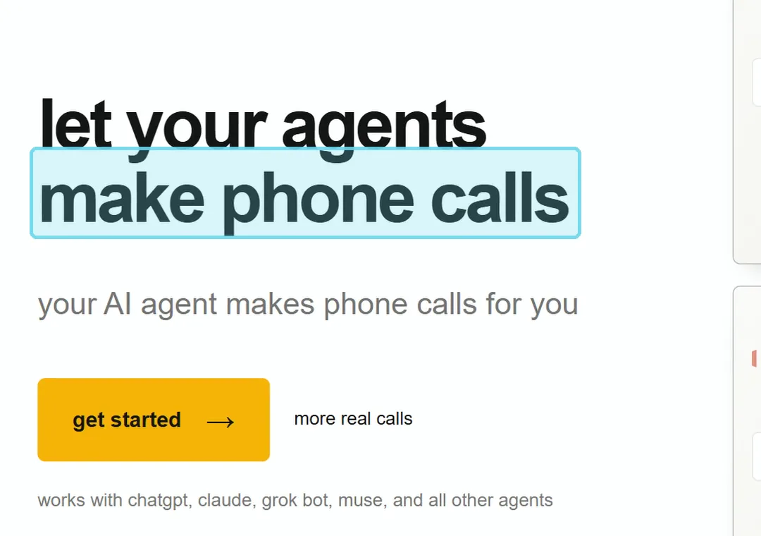 צילום מסך של האתר call4.me עם הכותרת let your agents make phone calls וכפתור get started צהוב