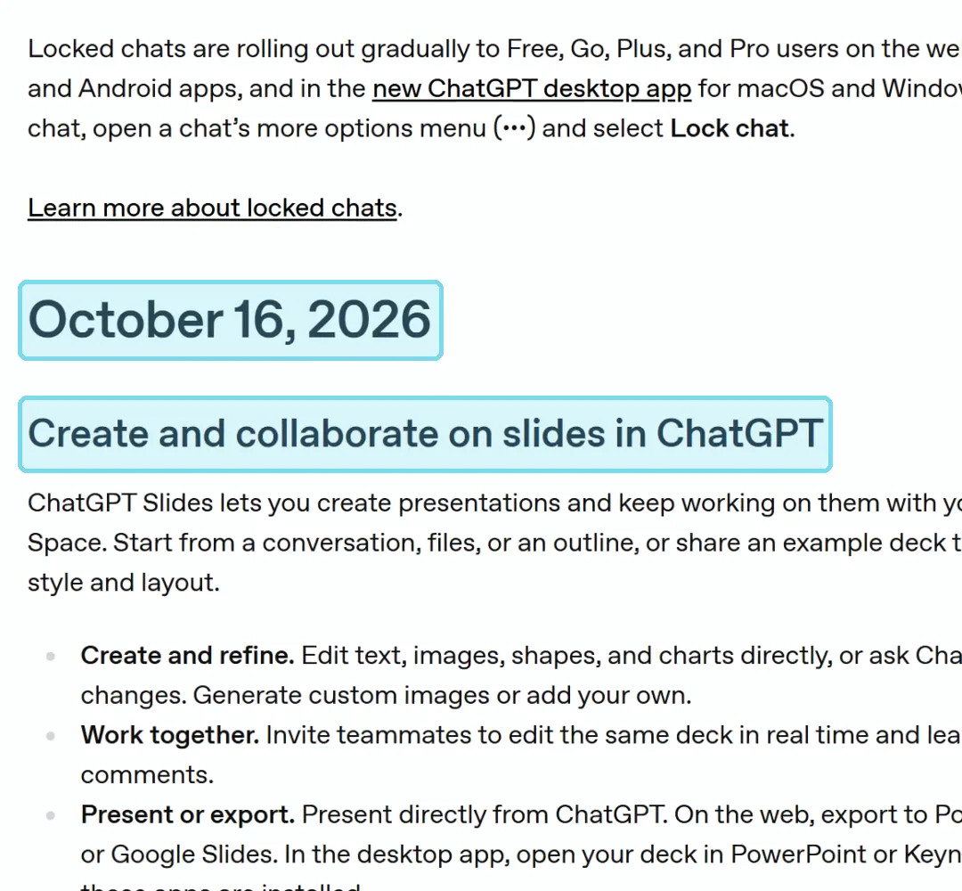 צילום מסך מעמוד העדכונים של OpenAI: הרשומה מ-16 באוקטובר 2026 על יצירת מצגות ב-ChatGPT