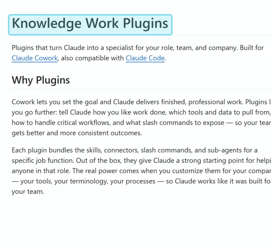 דף ה-README של Knowledge Work Plugins בגיטהאב: תוספים שהופכים את Claude למומחה לתפקיד, לצוות ולחברה
