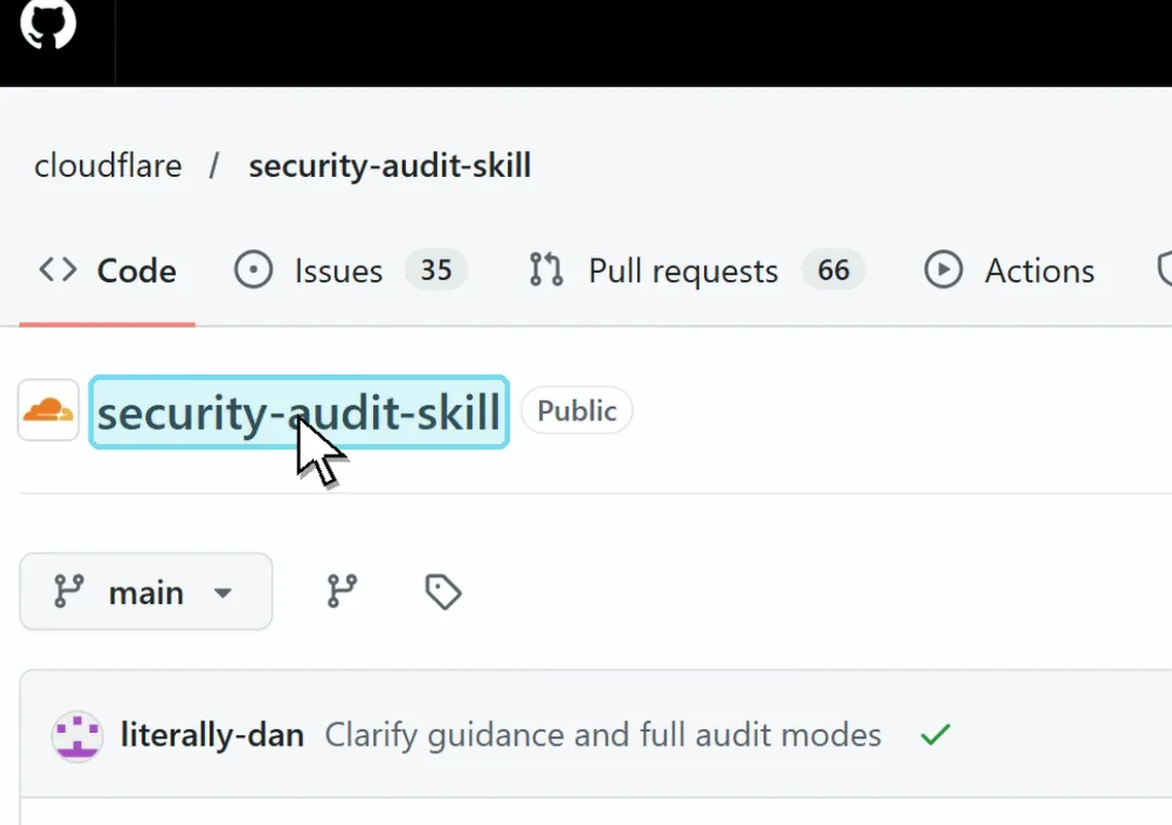 צילום מסך של עמוד הריפו security-audit-skill של Cloudflare ב-GitHub